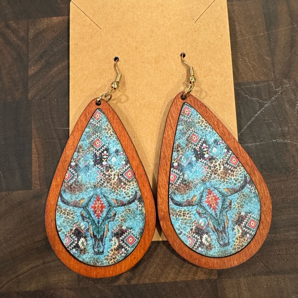 Turquoise Teardrop Wood Earrings with Southwestern Pattern
